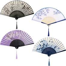 1pc Women's Chinese Style Folding Fan, Foldable Bamboo Hand Fan, Paper Hand Fan, Each Fan Face Color, Pattern, And Position Differ, Randomly Sent - Multicolor - View 2