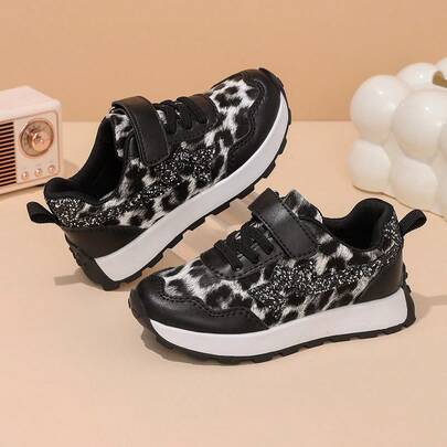 1 Pair Girls Khaki Leopard Print Champagne Sequin New Fashion Outdoor Sports Shoes Tennis Shoes Running Shoes Suitable For All Seasons