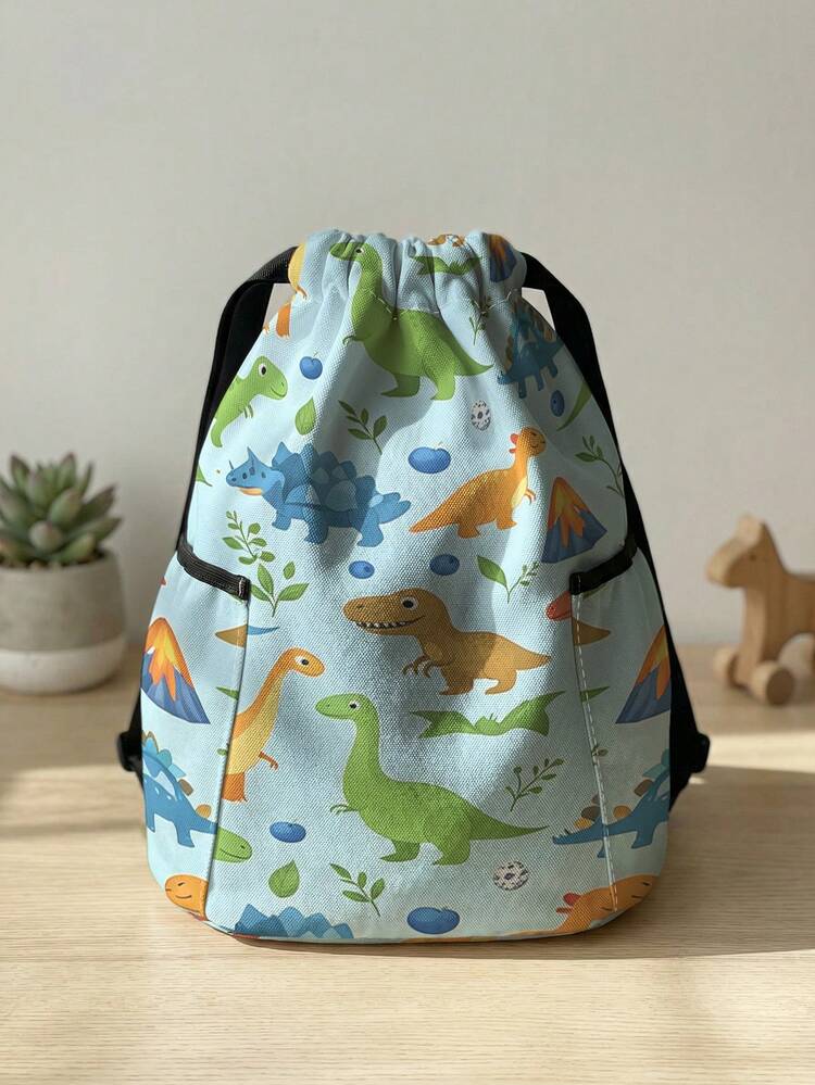 1 pieza Mochila con cordón, universal para múltiples escenarios, capacidad extra grande, ultraligera y portátil, duradera, de alta estética, bolsa de almacenamiento plegable, mochila deportiva con cordón con estampado de dinosaurio de dibujos animados, almacenamiento a prueba de polvo, adecuada para viajes al aire libre, fitness, desplazamientos diarios y uso escolar - Multicolor - Añade 15