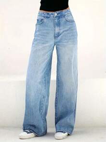 Celana Jeans Kasual Saku Polos Serbaguna untuk Remaja Perempuan - Baby Blue - View 1