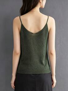 Korean Style Minimalist Solid Color Hollow Knit Camisole Top, Loose Fit Wavy Hem, Casual Commute Versatile Pullover Sweater Vest For Women - Green - View 4