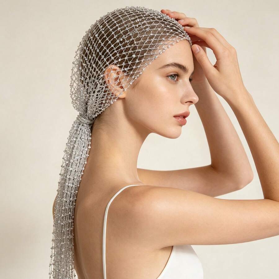 Women Rhinestone Fishnet Full Head Cover, Sparkly Crystal Mesh Head Wrap, Elegant See-Through Headpiece For Wedding Party & Photoshoot - Silver - View 1