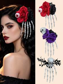 Women's Halloween Skeleton Hand Hair Clip, Gothic Skeleton Artificial Rose Eyeball Decor Side Hair Clip, Suitable For Women And Girls Horror Cosplay Party Hairstyle Accessory, Match Halloween Devil Party Costume Hair Accessory, Women's Halloween Hair Accessory Costume Prop, Women's Hair Clip, Halloween Costume, Women's Hair Accessory - Multicolor - View 4