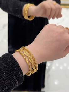 5pcs Classic Arabic Style 21K Gold Plated Leaf Engraving & Twisted Rope Detail Stackable Bracelets, Suitable For Women's Daily Wear And Celebrations - SZ-3 - View 3