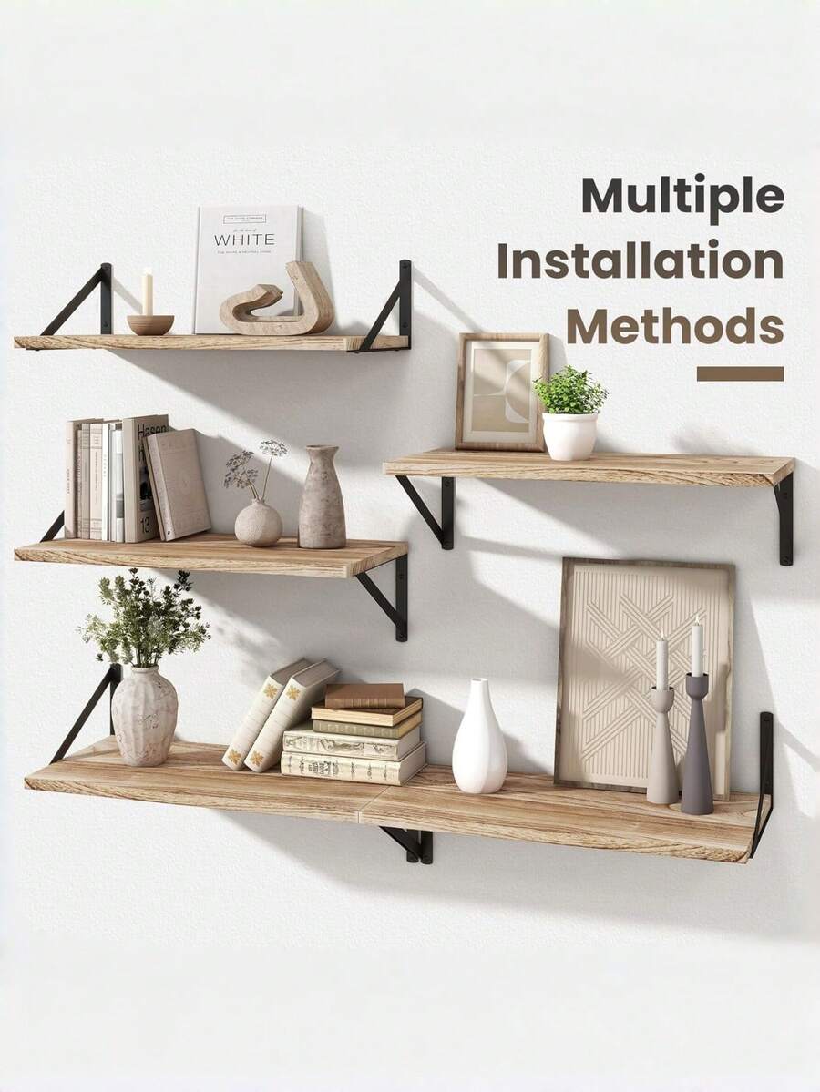 1pc/3pcs Industrial Style Faux Wood Wall Hanging Shelf, Black Iron Triangle Bracket Wall Shelf, Bedroom Study Books & Plants Multi-Layer Display Storage Rack - Multicolor - View 1