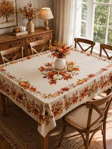 1pc Autumn Pumpkin Round Tablecloth, Polyester Circular Table Cover With Maple Leaves, Harvest Floral Print And Rustic Farmhouse Style For Dining Table, Kitchen Decor, Thanksgiving Dinner, Fall Party And Seasonal Home Decoration - Multicolor - View 3