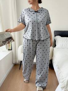 Women's Heart Print Lapel Front Short Back Long Design Short Sleeve & Pants Plus Size Pajama Set. Women's Plus Size Pajamas, Curvy Pajamas, Suitable For Full-Figured Women. - Light Grey - View 1