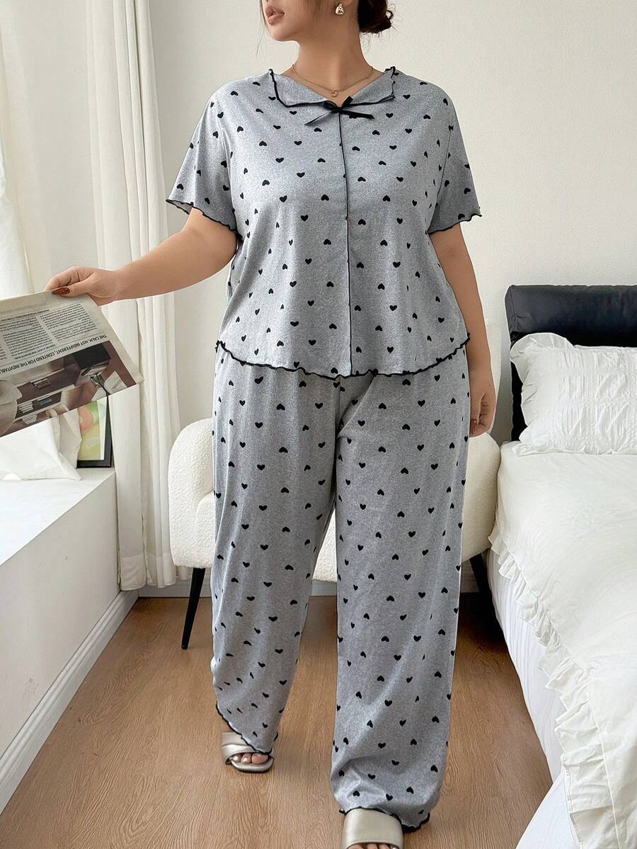 Women's Heart Print Lapel Front Short Back Long Design Short Sleeve & Pants Plus Size Pajama Set. Women's Plus Size Pajamas, Curvy Pajamas, Suitable For Full-Figured Women. - Light Grey - View 1