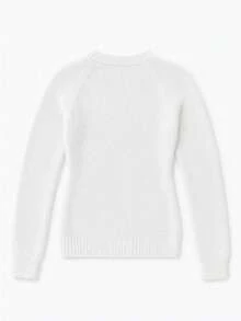 Women's White Fluffy Soft Raglan Round Neck Fitted Short Knit Sweater, Sexy Gentle Style Knit Top Fall - White - View 5