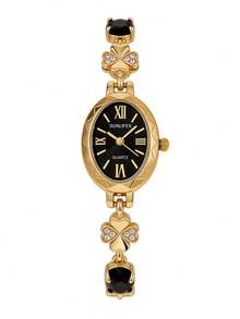 1 Pc Women's Jewelry Oval Dial Quartz Watch Gold Alloy Design Sense Watch Retro Temperament Light Luxury Gift Women's Watch - Black - View 10