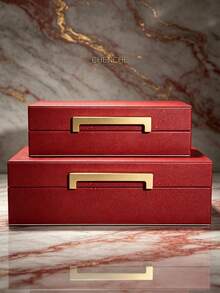 Set Of 2 Large Capacity PU Leather Jewelry Box With Handle, Black Shark Skin Rectangular Jewelry Organizer Vanity Storage Box For Dresser Room Decor Gift - Red - View 8