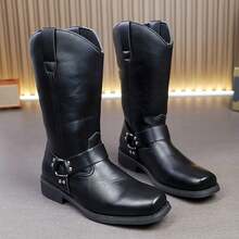 Men's Buckle Western Mid-Calf Riding Boots, Men's Boots, Vintage Work Boots, Outdoor Daily Commute Men's Casual Boots - Black - View 5