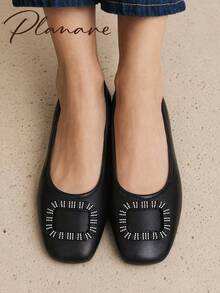 planare New Women's Popular Fashion Minimalist Solid Color Slip-On Square Toe Flat Black Loafers, Suitable For Daily Commute, Office, Evening Party And Other Occasions - Black - View 2
