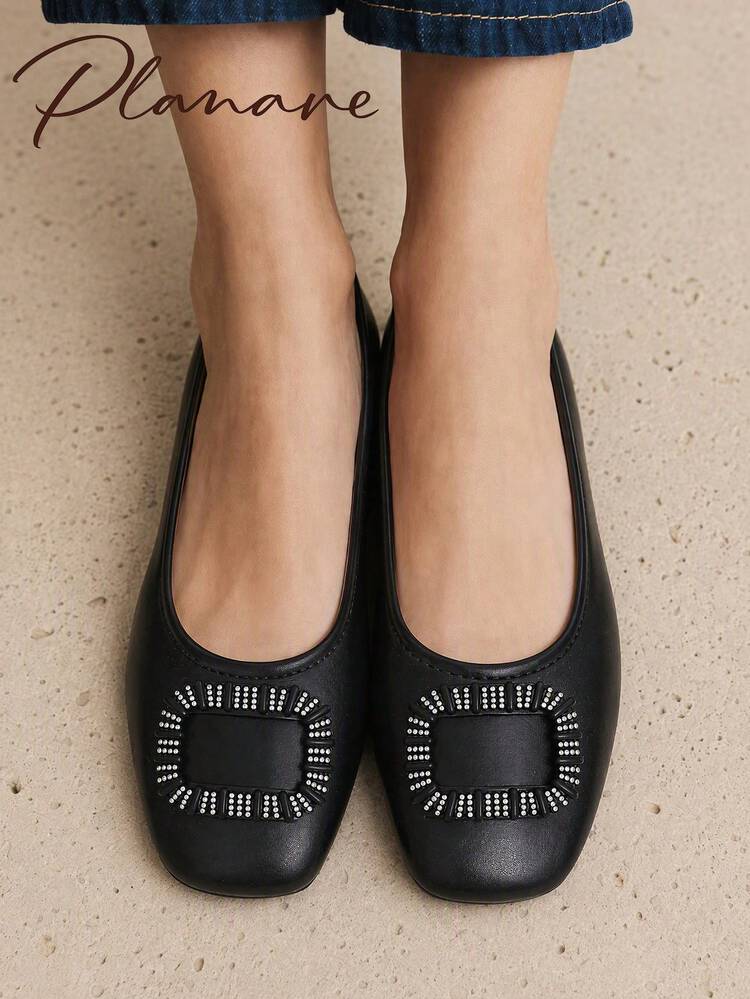 planare Giày Loafer nữ đế bệt xỏ chân mũi vuông màu đen trơn, phong cách tối giản thời trang, phù hợp đi làm hằng ngày, văn phòng, tiệc tối và các dịp khác - màu đen - Xem 2