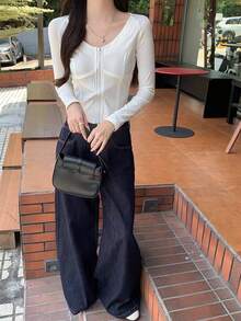 Fashion Y2K Slim Fit Street Style Women's Long Sleeve Top, Spring/Autumn, Retro Casual, Pure White, Short Cropped Tight Fit Large Scoop Neck Double Front Zipper Body-Contouring Split Seam Design - White - View 5
