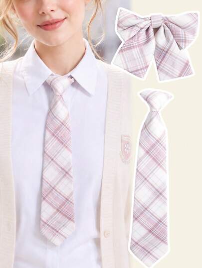 1PC Women's Fashion Cute Pink Striped Plaid Simple Bow Tie Collar, Suitable For School, Party, Date, Daily Wear