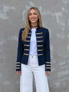 Women's Navy Blue Military Style Blazer, Gold Button Woven Trim Stand Collar Slim Fit Napoleon Jacket - Navy Blue - View 4