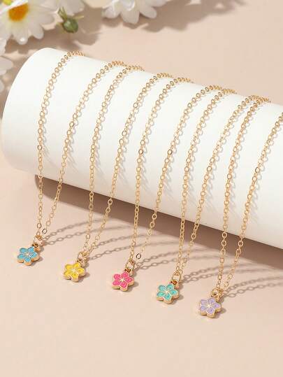 5pcs/Set Girls Multicolor Oil-Drip Daisy Flower Necklace Set Combination Suitable For Daily Decoration