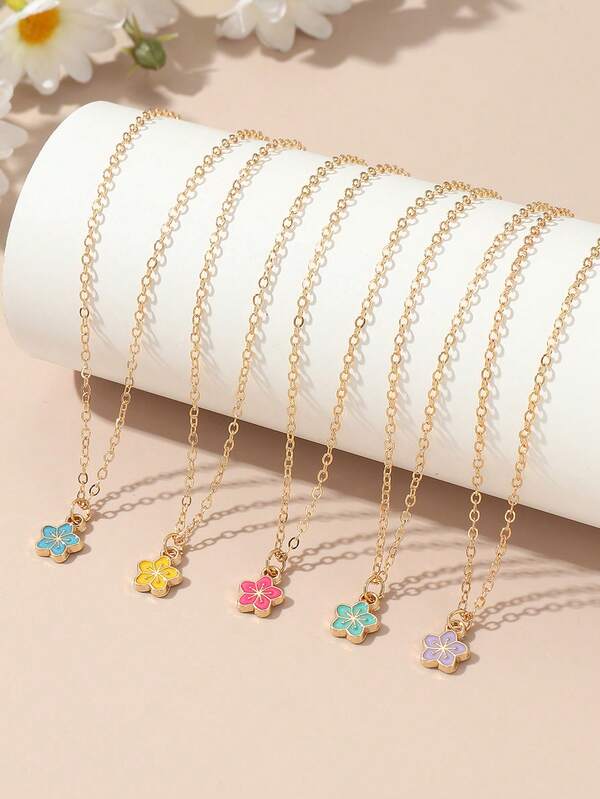 5pcs/Set Girls Multicolor Oil-Drip Daisy Flower Necklace Set Combination Suitable For Daily Decoration