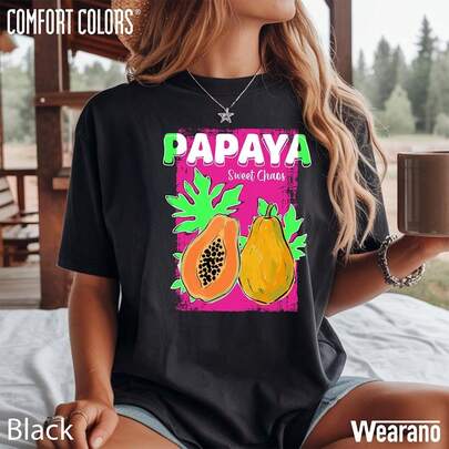 Tricou cu imprimeu de papaya, Tricou cu fructe tropicale de vară, Tricou retro cu papaya