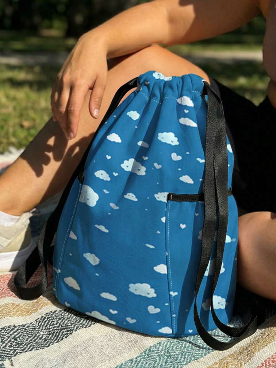 1PC Drawstring Backpack, Sack Bag, Sports Backpack, Large Capacity Lightweight Outdoor Gym Storage Bag With Cloud Print, Easily Store Sports Gear & Changing Clothes - Cloud 401927 - View 1