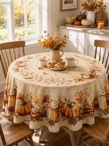 1pc Autumn Pumpkin Coffee Round Tablecloth, Polyester Circular Table Cover With Maple Leaves, Cinnamon, Latte Mug And Harvest Floral Border, Rustic Farmhouse Dining Table Decoration For Kitchen, Thanksgiving Dinner, Fall Party And Seasonal Home Decor - Multicolor - View 4