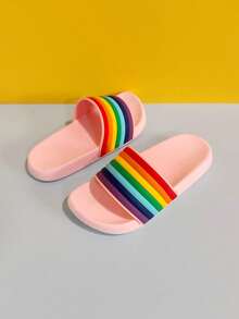 1 Pair Children's Multi-Color Patchwork Minimalist Flat Slippers, Suitable For Indoor/Outdoor Wear, Pool, Beach, Vacation, Summer - Pink - View 8