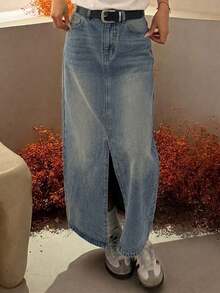 Women's Casual Vintage Washed Denim Skirt With Pockets And Buttons - Blue - View 4