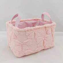 1pc Large Capacity Pink Flannel Bow Storage Basket, Suitable For Cosmetics, Clothing, Snacks, Toys Storage, Bouquet Storage Bag, Wedding Supplies Storage Bag - Pink - View 14
