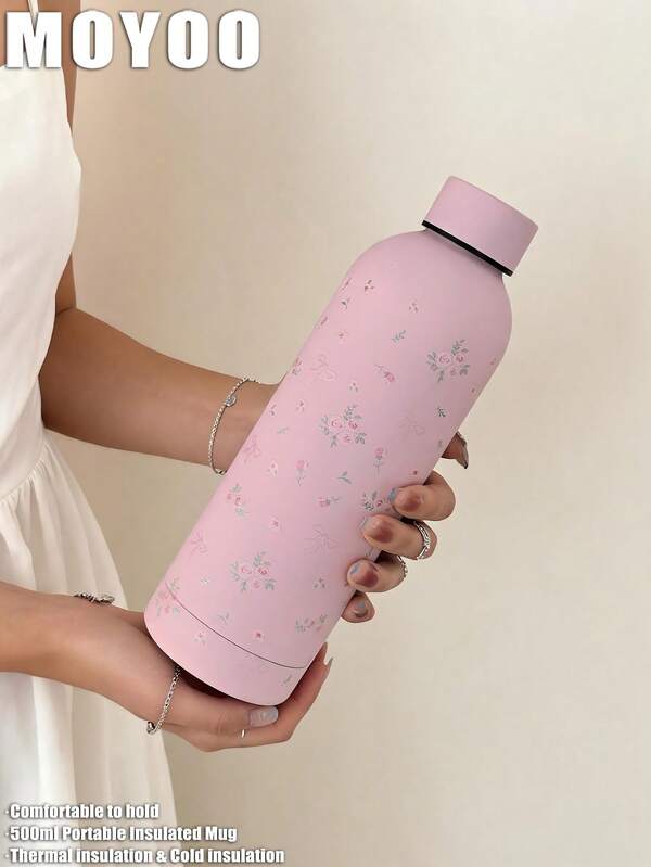 1pc Pink Bow & Floral Series Water Cup, Double-Wall Stainless Steel Insulated Cup, Cold-Preserving Cup, Vacuum Flask And , Travel And Outdoor Use Cup, Gym And Outdoor Sports Cup, Coffee Cup, Flat Bottom Cup, Car Cup, Winter And Summer Drinkware, Back To School, Birthday Gift, Holiday Gift 500ML17oz