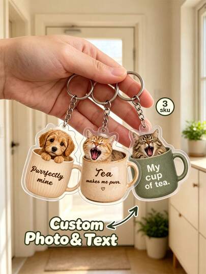 1pc Custom Pet Photo Cup Acrylic Keychain,Personalized Dog Cat Portrait Keyring,Gift For Pet Lovers,Pet Memorial,Holiday Present,Cute Animal Custom Photo Bag Charm