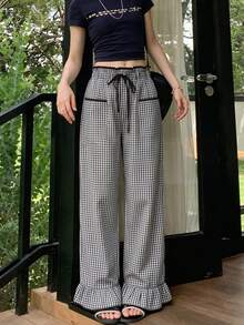 Contrast Plaid High Waist Straight Leg Loose Ruffled Drawstring Casual Women Pants, Spring/Summer - Black and White - View 1