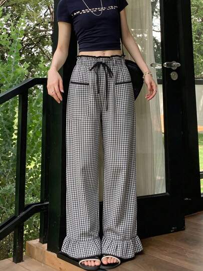 Contrast Plaid High Waist Straight Leg Loose Ruffled Drawstring Casual Women Pants, Spring/Summer