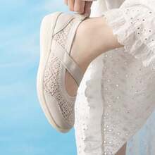 Skechers Women's Mary Jane Elastic Strap Wedge Comfort Walking Shoes Loafers - White - View 4