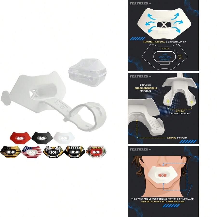 Ootball Mouth Guard Lip Guard With Permanent Helmet Strap Fits Adult & Youth, Ultra-Breathable Maximum Airflow, All Red Design With Protective Storage Case - All White - View 1
