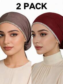 2pcs Women's Fashionable Elastic Exquisite Chain Rhinestone Craft Shiny Bohemian Polyester (Polyester) Knitted Ribbed Fabric All-Season Underscarf - 3-row Rhinestone Chain Headscarf Multi-color - View 3