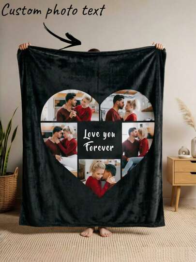 1pc Customized Photo Blanket, Personalized Text Blanket, Personalized Photo Blanket With Heart Design, Friend Birthday Gift, New Home Gift. Decorative, Cool & Colorful, Unique, Customized Home Decor, Suitable For Him/Her, Family, Friends, Ideal Gift For Friends, Suitable For Anniversary, Birthday Gift, Decorative, Fashion, Colorful, Vintage, Cute, Minimalist, Unique & Cute, Suitable For Sofa, Living Room, Bedroom, Outdoor, Office, Etc.