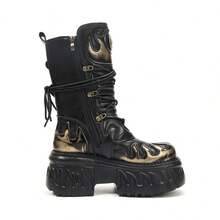 European And American Dark Punk Flame Thick Sole Boots Women Gothic Style Metal Tank Sole Platform Mid-Calf Motorcycle Boots - Black Gold - View 5