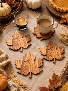 6/2pcs Thanksgiving Maple Wood Coaster Set, Autumn Tabletop Decor, Natural Wooden Coffee Cup Coasters, Rustic Farmhouse Style Kitchen And Dining Table Decoration, Holiday Home Decor Accessories - Multicolor - View 3