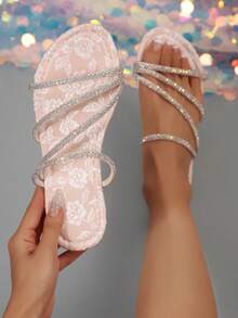 Women's Flat Single Strap Rhinestone Slippers, Versatile Fashion Fairy High-End Style, Suitable For Dating, Shopping, Gathering, Home And Casual Wear - Pink Rose - View 1