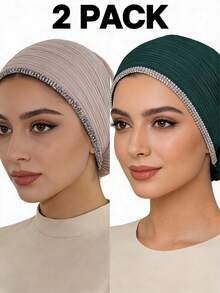 2pcs Women's Fashionable Elastic Exquisite Chain Rhinestone Craft Shiny Bohemian Polyester (Polyester) Knitted Ribbed Fabric All-Season Underscarf - 3-row Rhinestone Chain Headscarf Multi-color - View 12