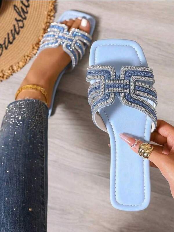 Summer New Fashion H-Shaped Upper Women's Flat Sandals, Rhinestone Decorated Square Toe Open Toe Women's Flat Slippers, Suitable For Beach, Party, Shopping, Home And Other Multiple Occasions Women's Blue Slippers