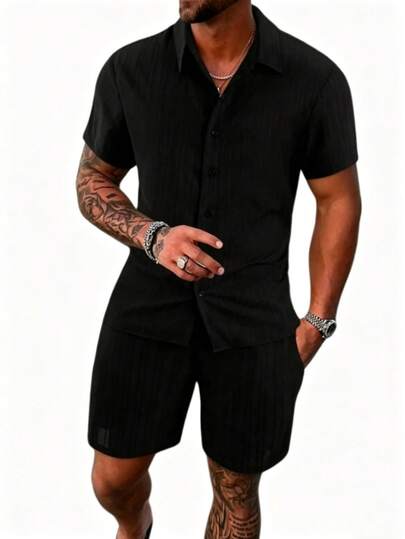 Conjunto de camisa y pantalones cortos de manga corta para hombre, camiseta informal holgada de color sólido, cárdigan de talla grande, ropa de dos piezas para playa de verano