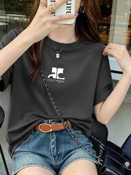 100% コットン ラウンドネック半袖 T シャツ、夏服レディースロゴプリント おしゃれゆったりカジュアルトップス