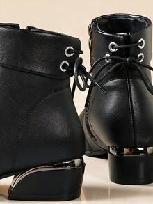 Women's Classic Black Pointed Toe Chunky Heel Ankle Boots With Back Tie And Side Zipper, Fashionable Versatile Office And Casual Boots - Black - View 10