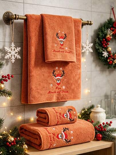 QIBHI Coral Fleece Embroidered Christmas Reindeer Towel Or Bath Towel, Holiday Decor Bathroom Towel, Christmas Home Decor, Holiday Gift Towel, Soft Quick-Dry, Kitchen And Bathroom Hand Towel, Suitable For Bathing, Sauna, Sports, Kitchen Christmas Hand Towel, Christmas Tree, Christmas Snowman