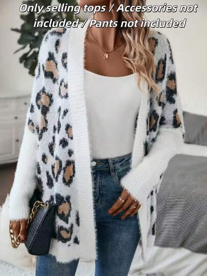 Cárdigan de punto de manga larga con estampado de leopardo vintage americano, suelto y holgado, efecto estilizante, suéter de uso diario para mujer [Patrón aleatorio]