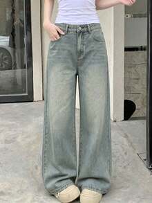 Teen Girl's Loose Washed Wide Leg Denim Pants, Versatile For Daily Wear - Light Wash - View 3