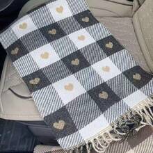 Blue & Beige Plaid Heart Print Scarf, Comfortable Winter Tassel Shawl - Love - View 5