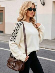 Women's Beige & Black Leopard Print Raglan Sleeve Crew Neck Cozy Thermal Pullover For Fall Winter Casual Comfort Essential, Back To School - Ivory - View 4